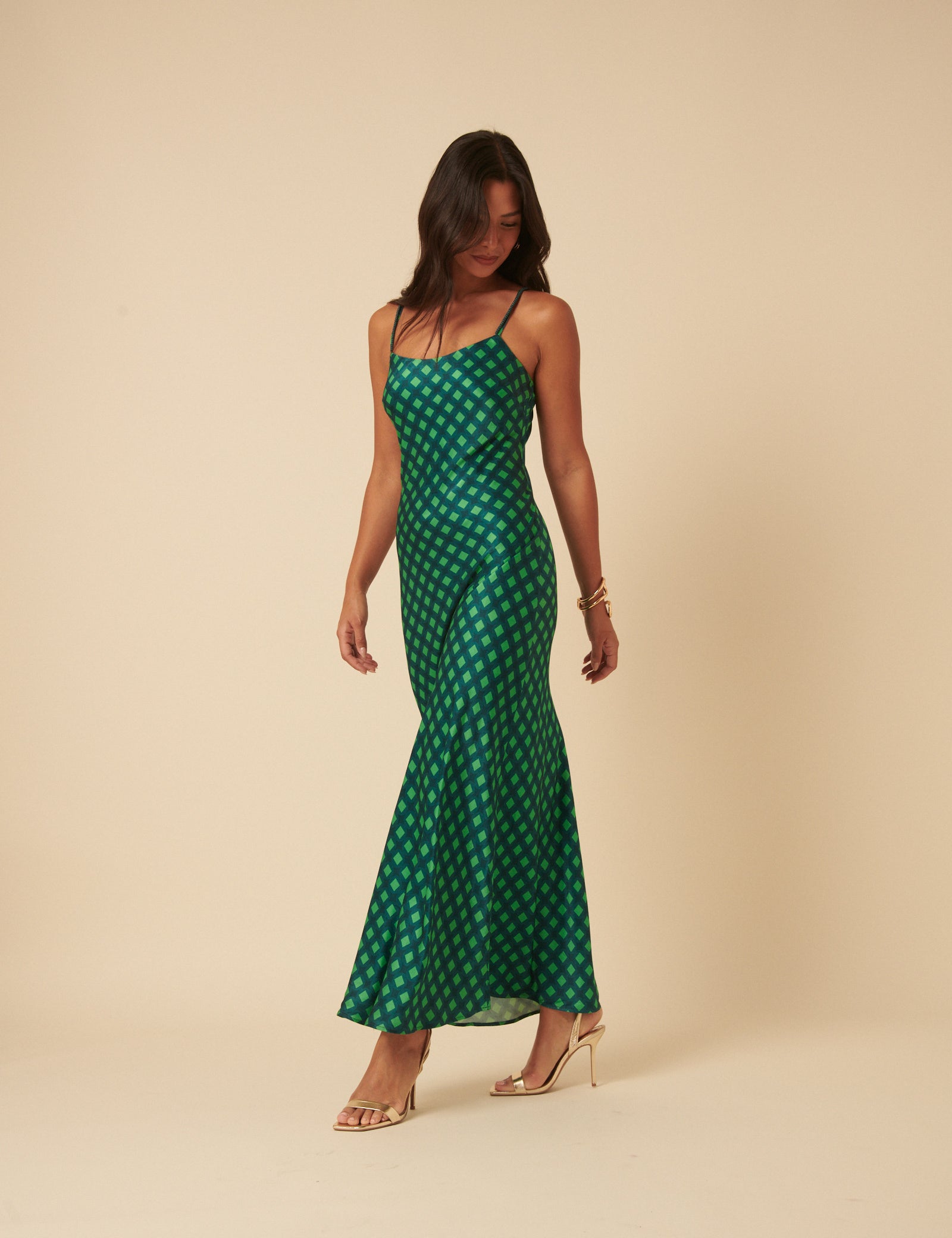 NC x Lisou Green Beaded Strap Trim Satin Midi Dress