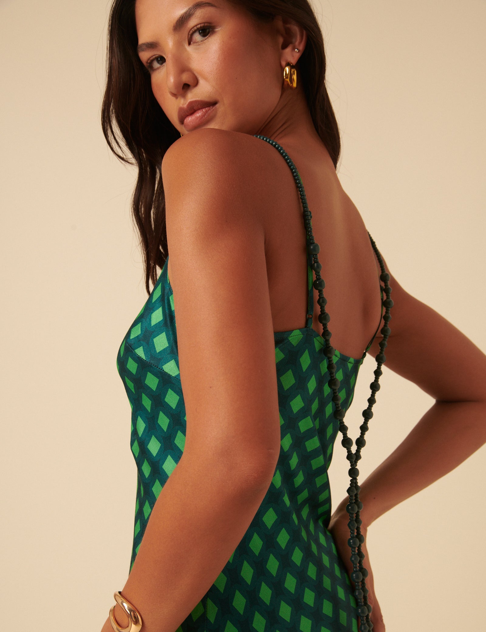 NC x Lisou Green Beaded Strap Trim Satin Midi Dress