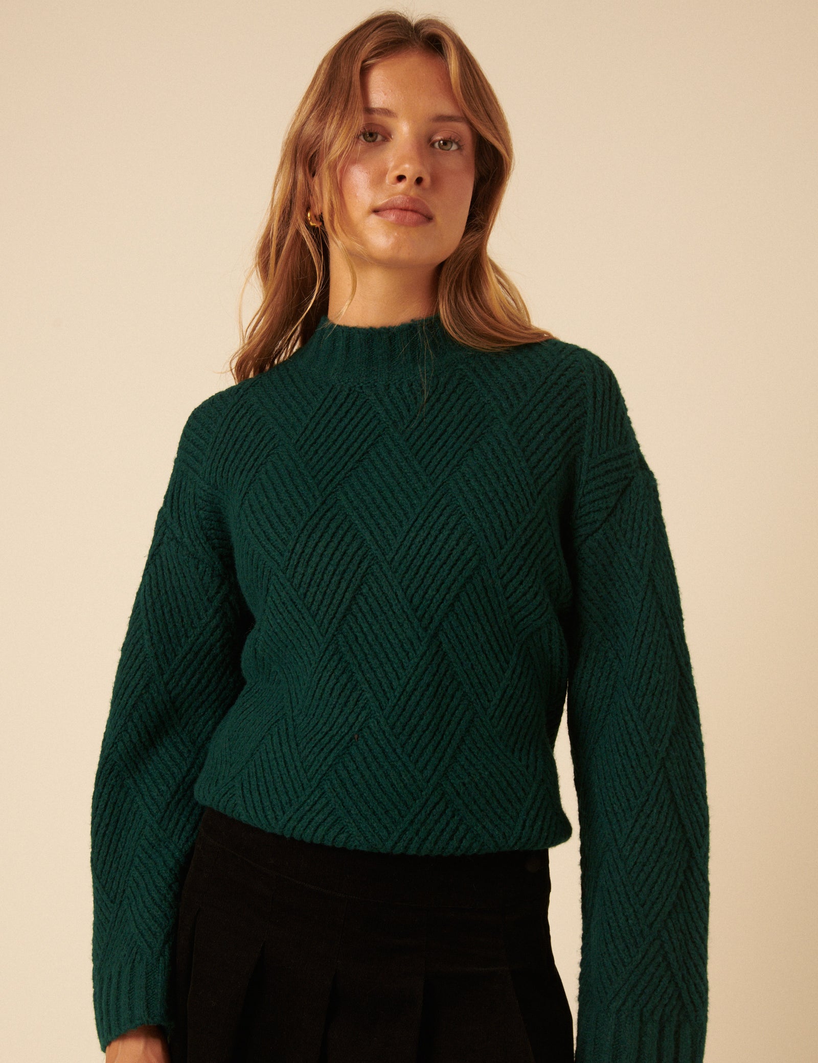 NC x Lisou Dark Green Mixed Stitch Checkerboard Knit Jumper