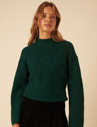 NC x Lisou Dark Green Mixed Stitch Checkerboard Knit Jumper