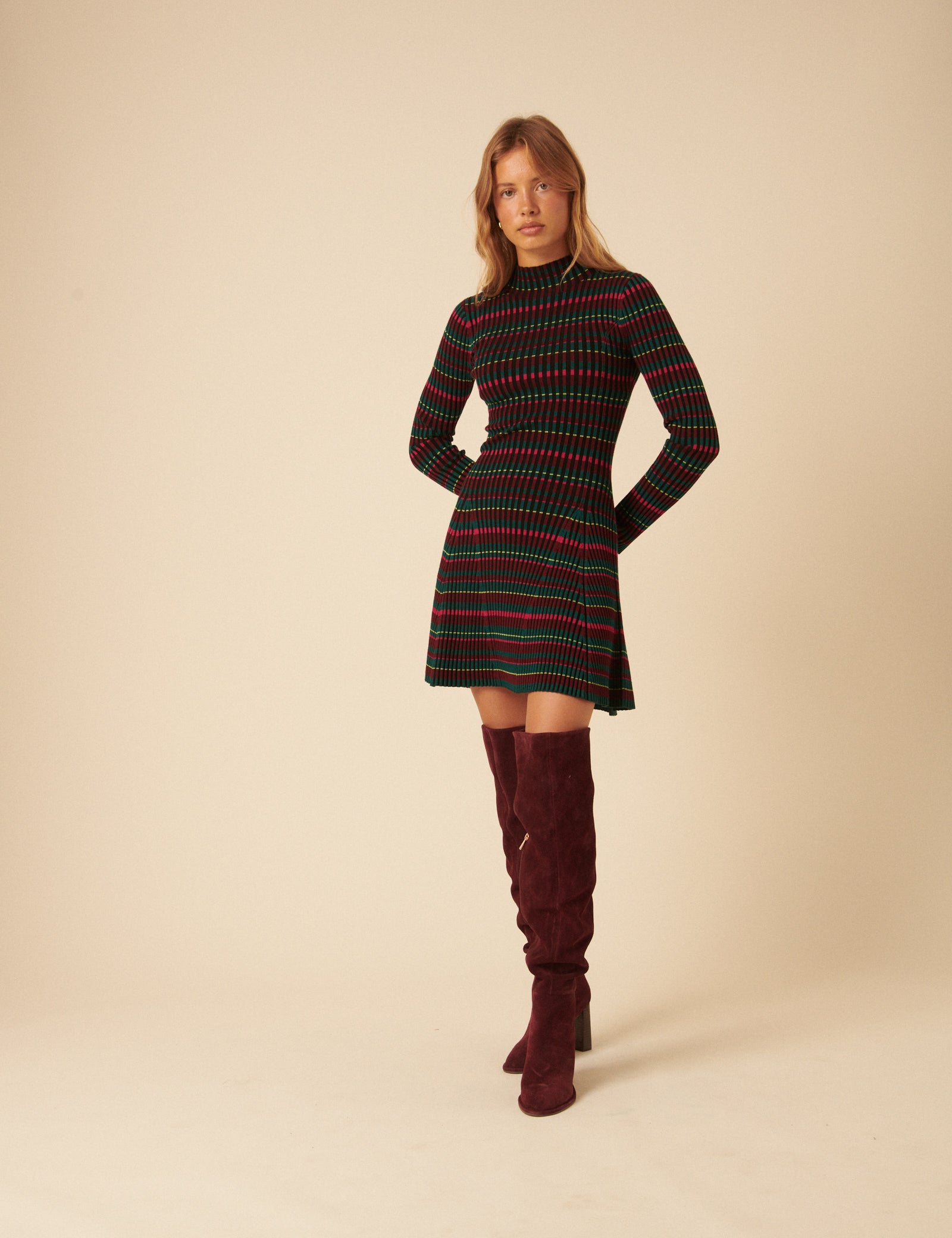 NC x Lisou Burgundy Striped Knitted Pleated Mini Dress
