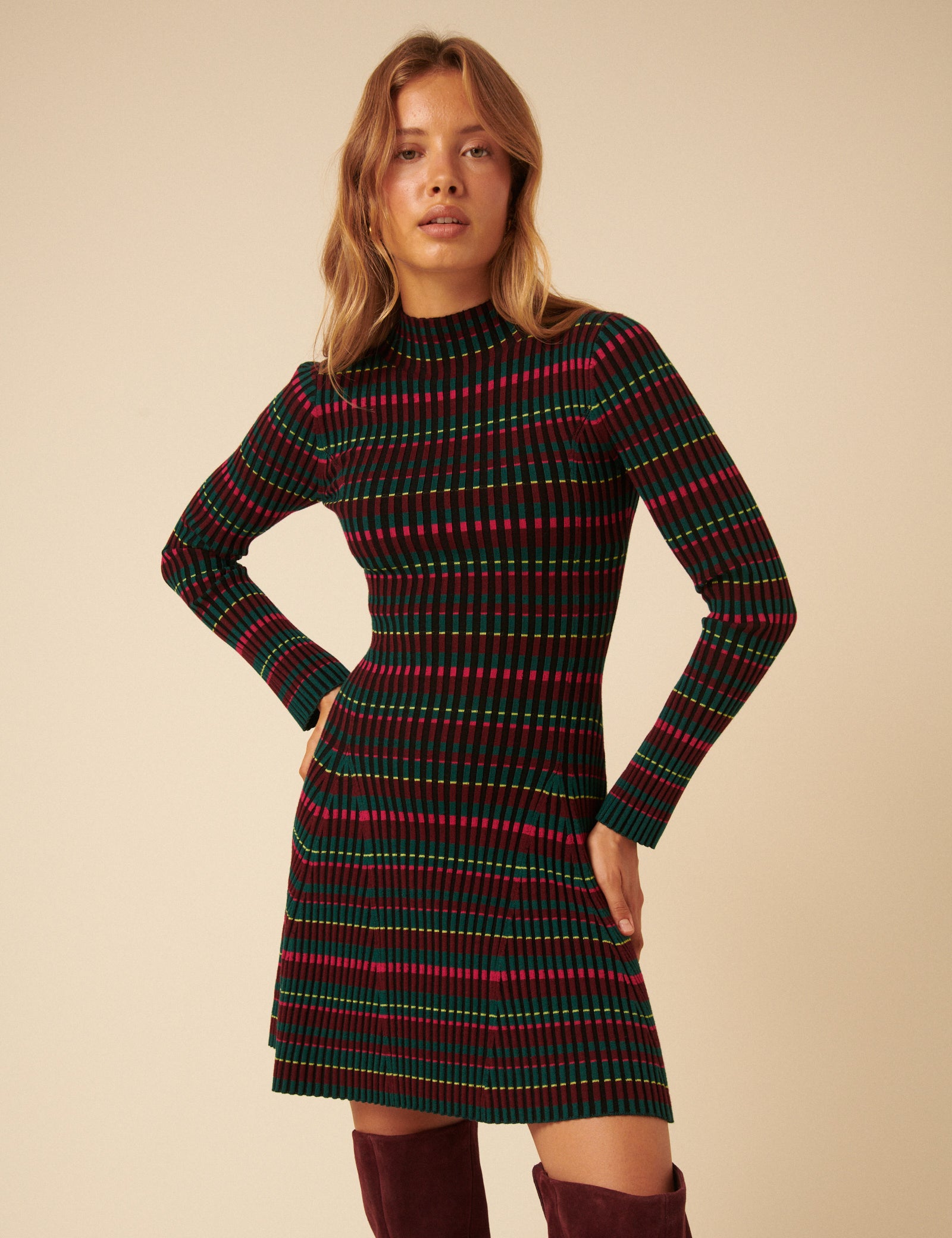 NC x Lisou Burgundy Striped Knitted Pleated Mini Dress NC x Lisou Burgundy Striped Knitted Pleated Mini Dress