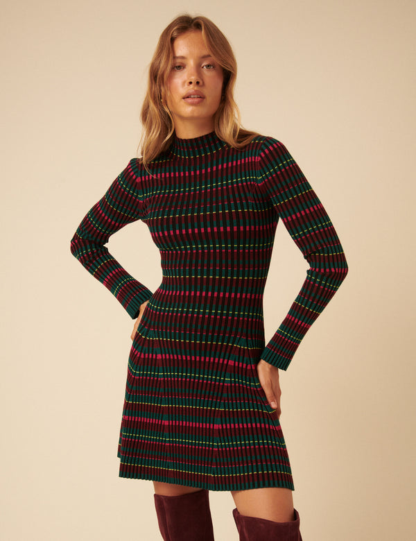 NC x Lisou Burgundy Striped Knitted Pleated Mini Dress
