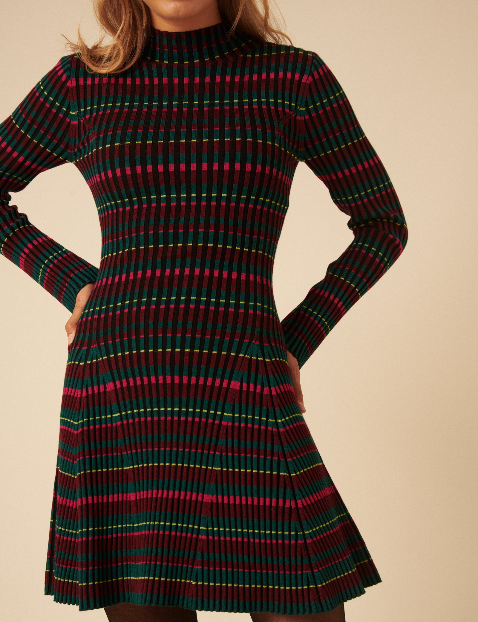 NC x Lisou Burgundy Striped Knitted Pleated Mini Dress