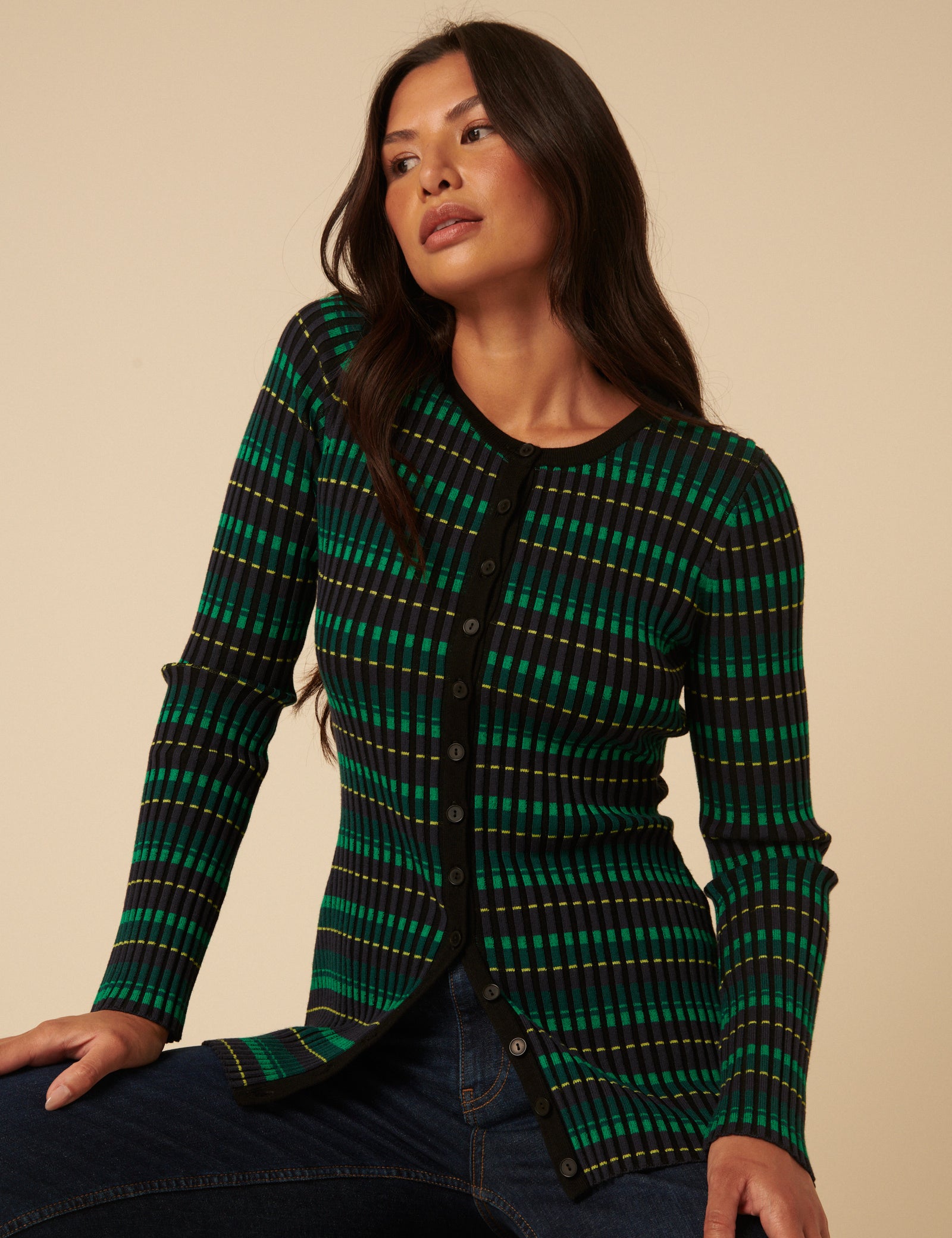 NC x Lisou Green Ribbed Knitted Pleated Long Sleeve Top