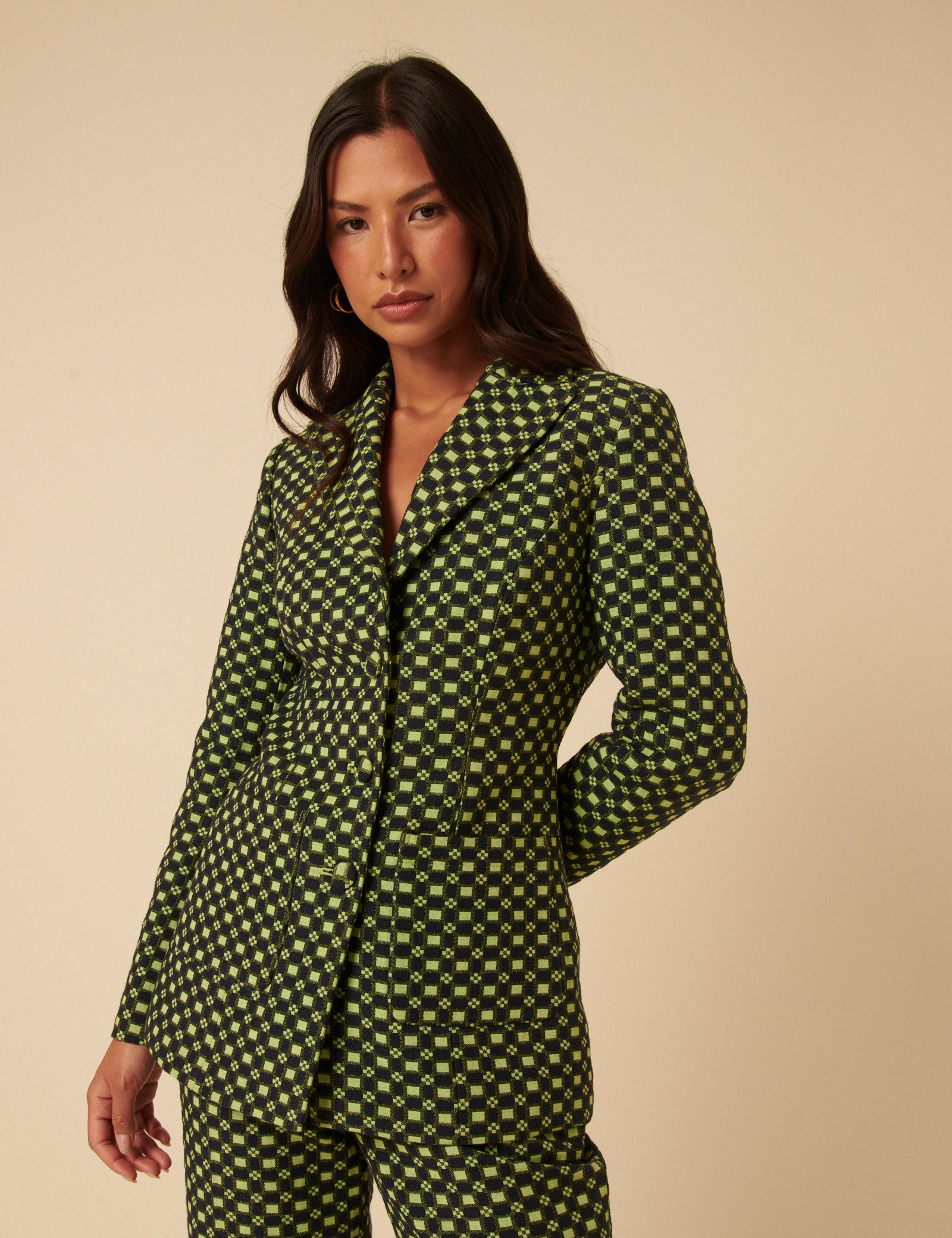 NC x Lisou Black and Lime Green Jacquard Checkerboard Fitted Blazer
