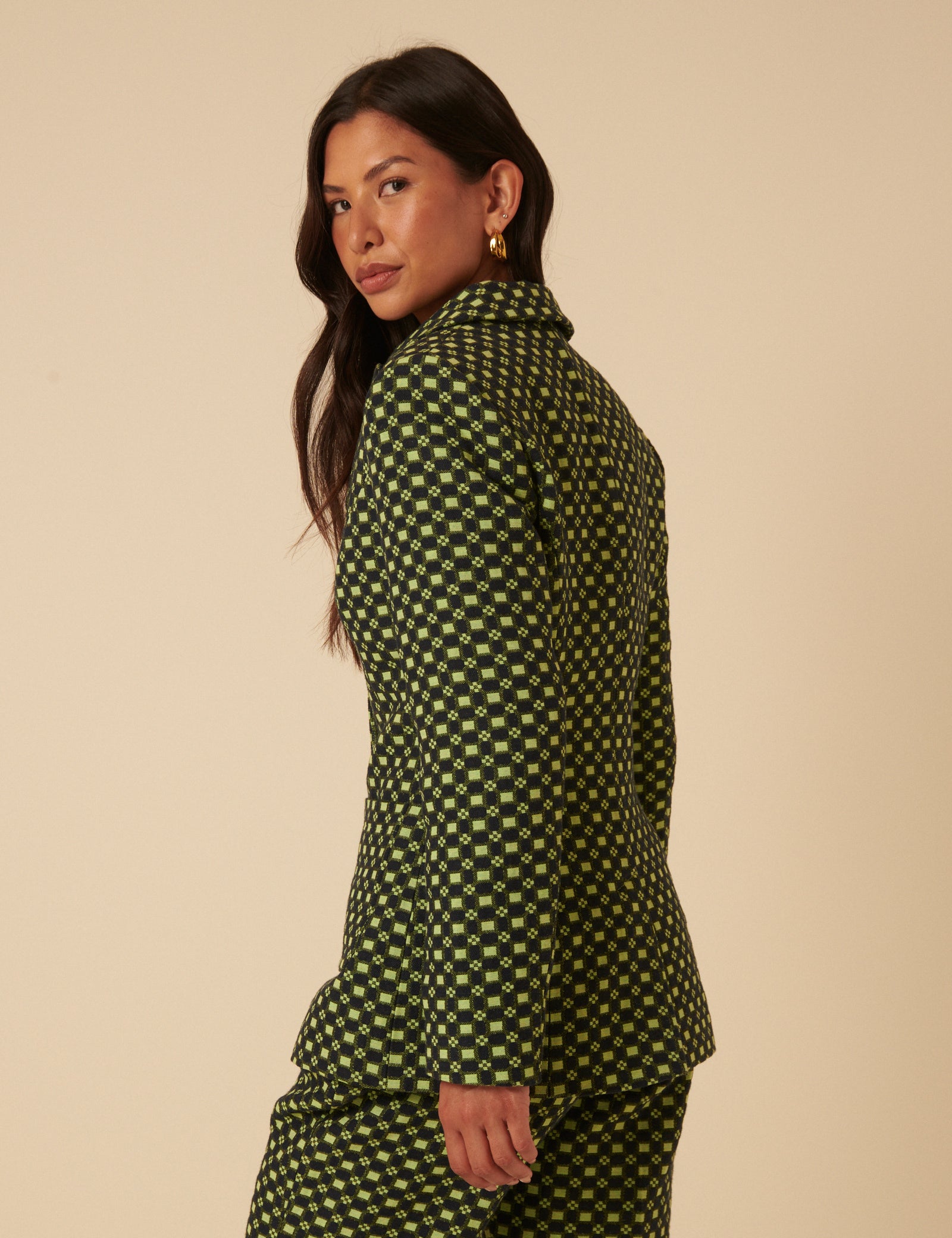 NC x Lisou Black and Lime Green Jacquard Checkerboard Fitted Blazer