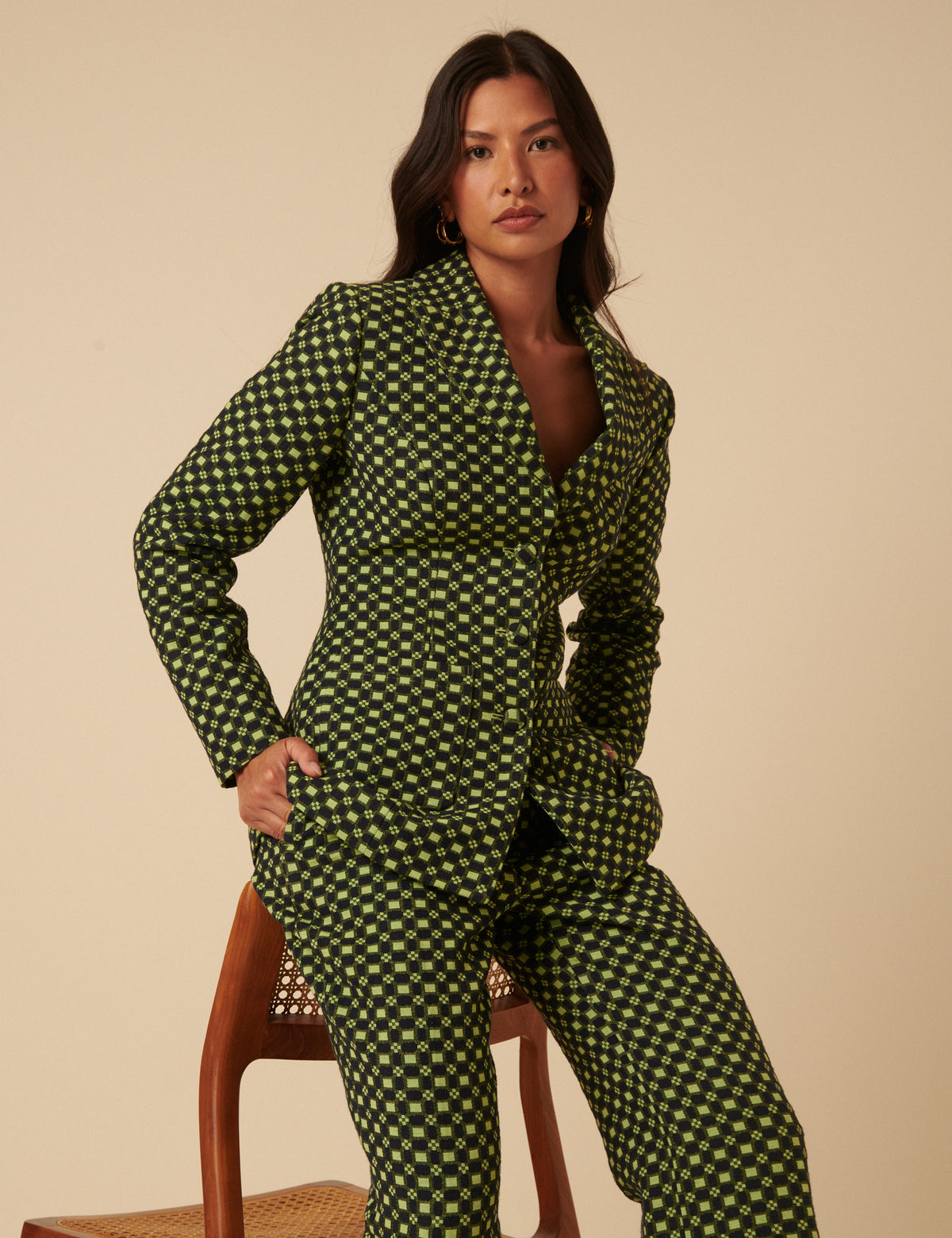 NC x Lisou Black and Lime Green Jacquard Checkerboard Fitted Blazer