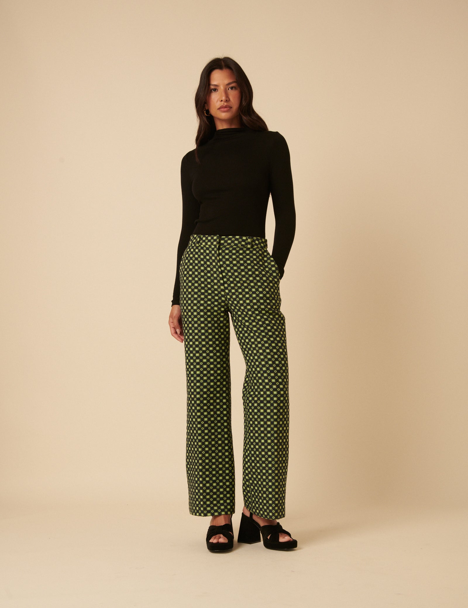 NC x Lisou Black and Lime Green Jacquard Checkerboard Tailored Trousers