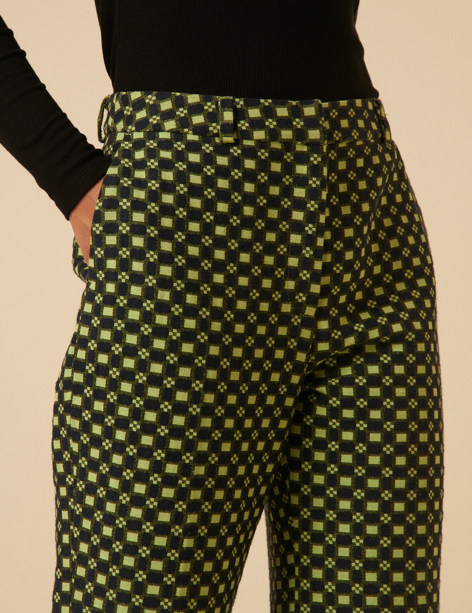 NC x Lisou Black and Lime Green Jacquard Checkerboard Tailored Trousers
