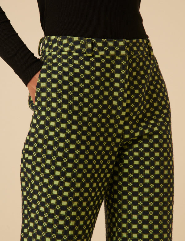 NC x Lisou Black and Lime Green Jacquard Checkerboard Tailored Trousers