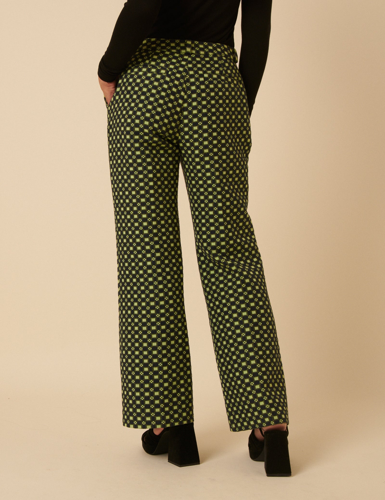 NC x Lisou Black and Lime Green Jacquard Checkerboard Tailored Trousers