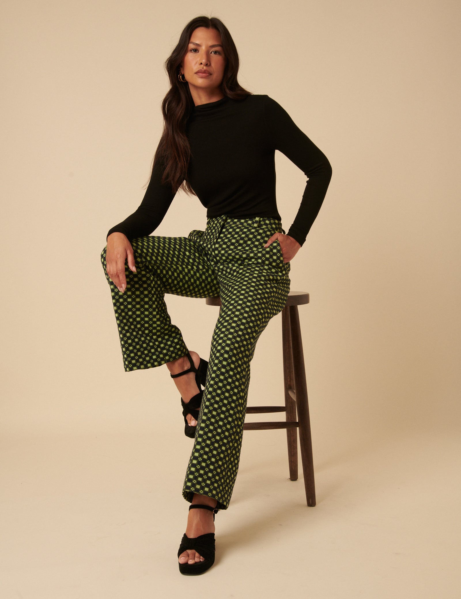 NC x Lisou Black and Lime Green Jacquard Checkerboard Tailored Trousers