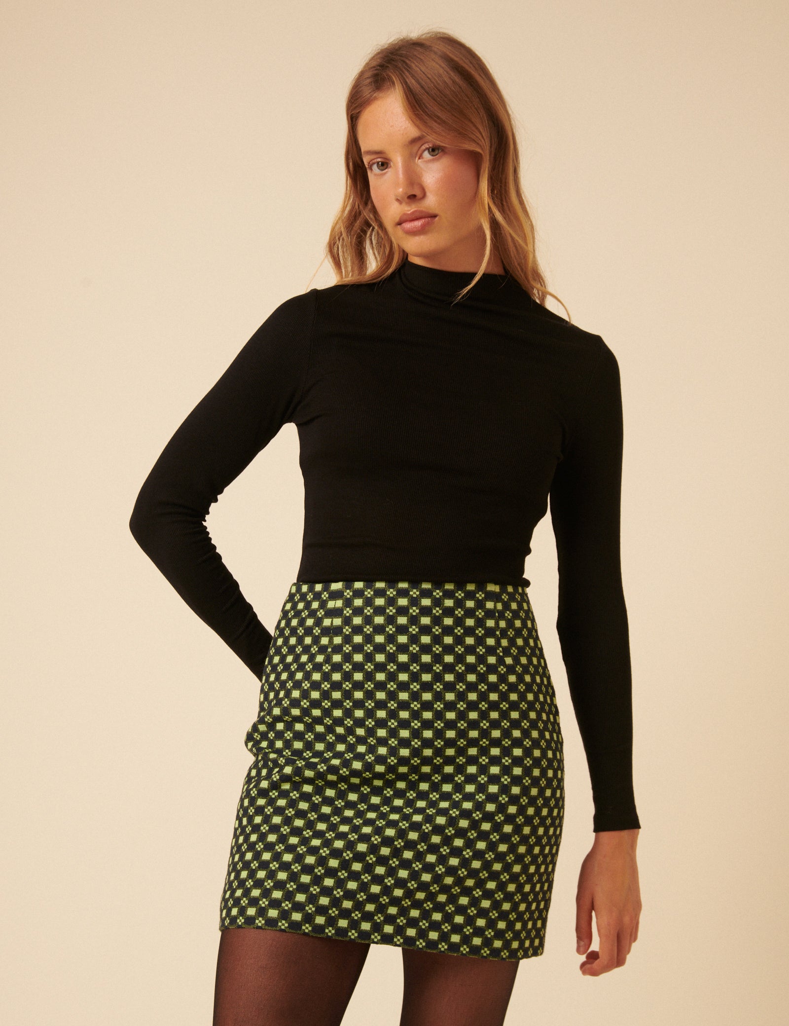NC x Lisou Black and Lime Green Jacquard Checkerboard Mini Skirt