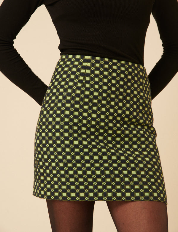 NC x Lisou Black and Lime Green Jacquard Checkerboard Mini Skirt