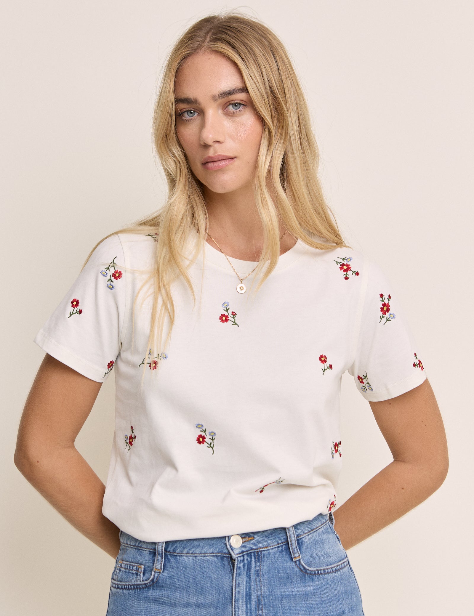 White Floral Embroidered T-Shirt
