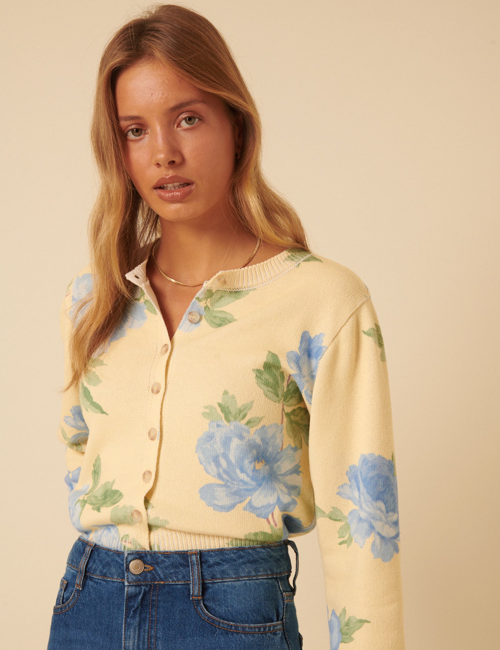 Yellow Floral Crew Neck Cardigan