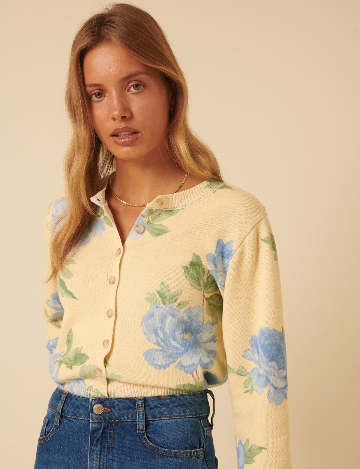 Yellow Floral Crew Neck Cardigan
