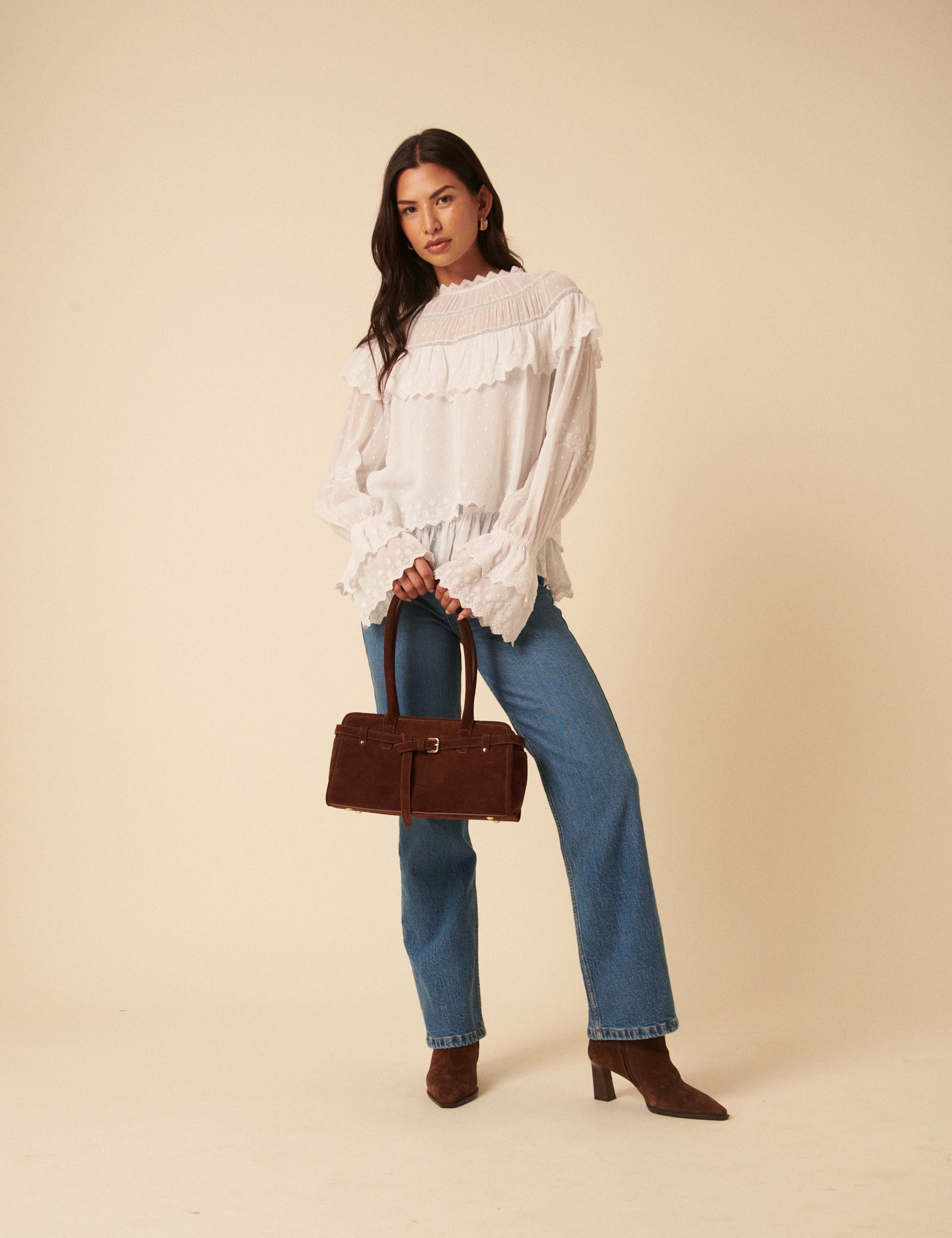 Brown Suede Baguette Shoulder Bag