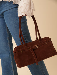 Brown Suede Baguette Shoulder Bag