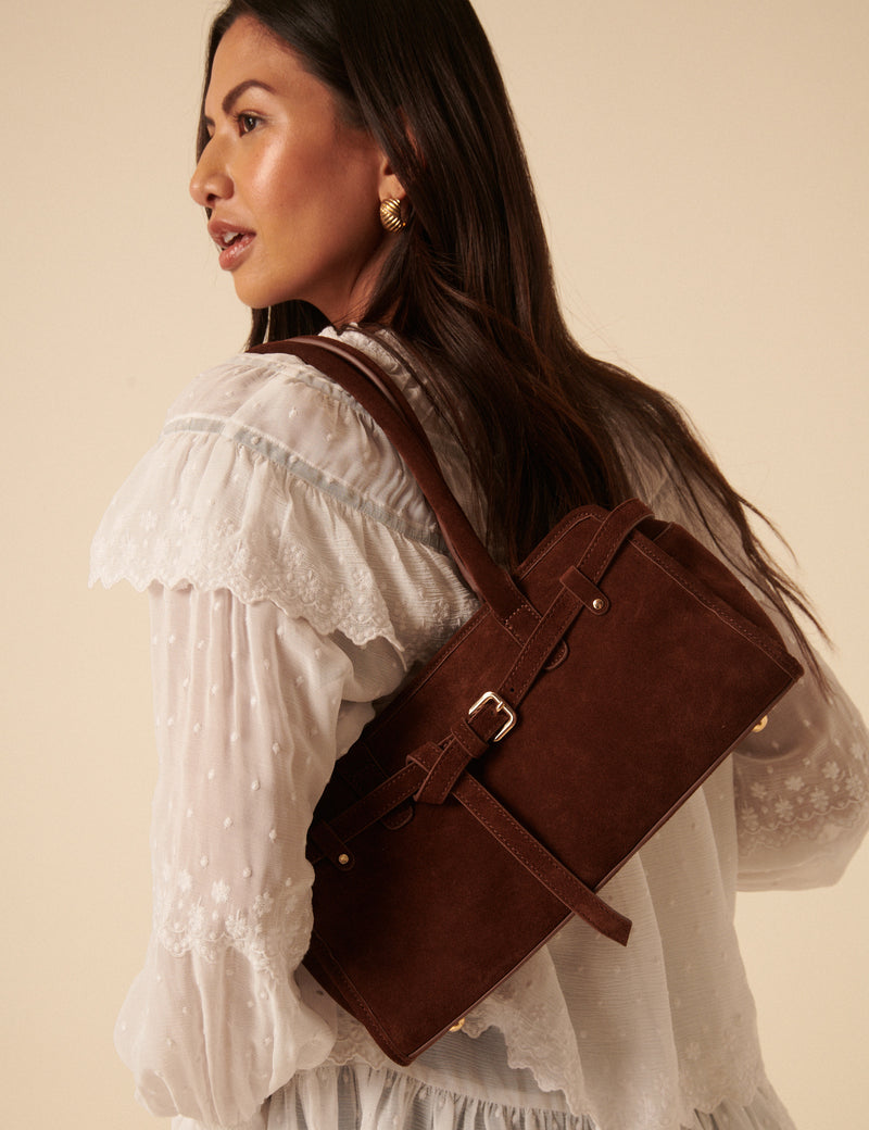 Brown Suede Baguette Shoulder Bag