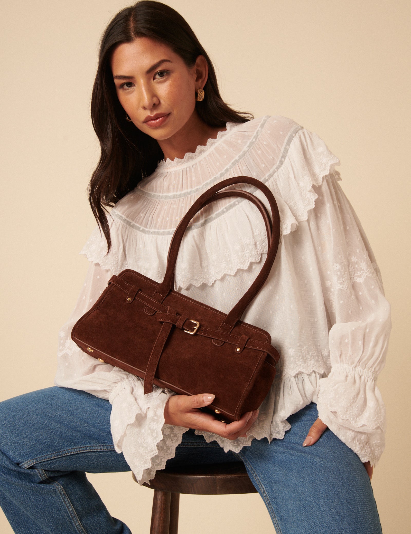 Brown Suede Baguette Shoulder Bag