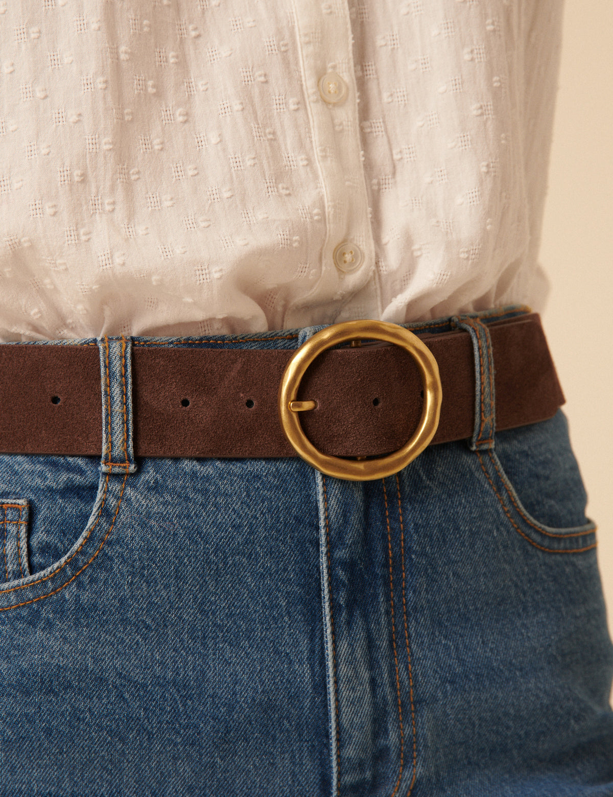Brown Gold Circular Buckle Suede Belt