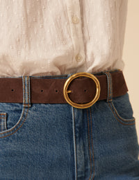 Brown Gold Circular Buckle Suede Belt