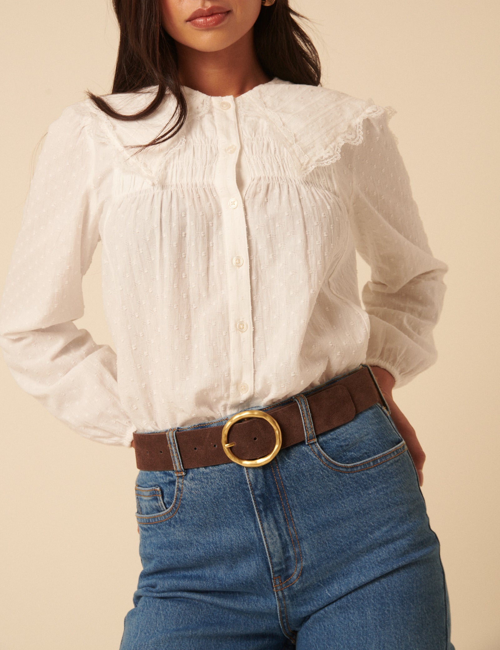 Brown Gold Circular Buckle Suede Belt