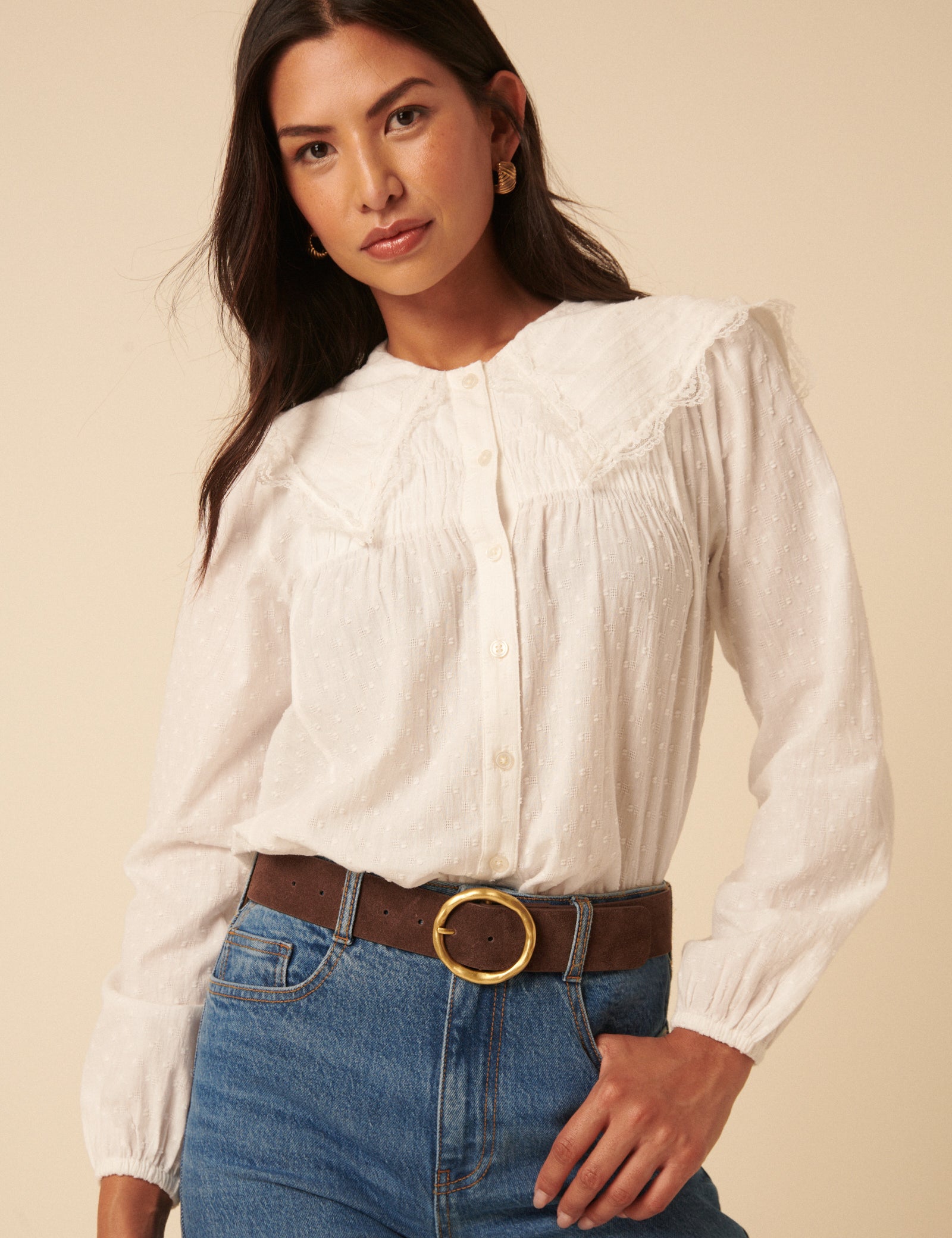 Brown Gold Circular Buckle Suede Belt