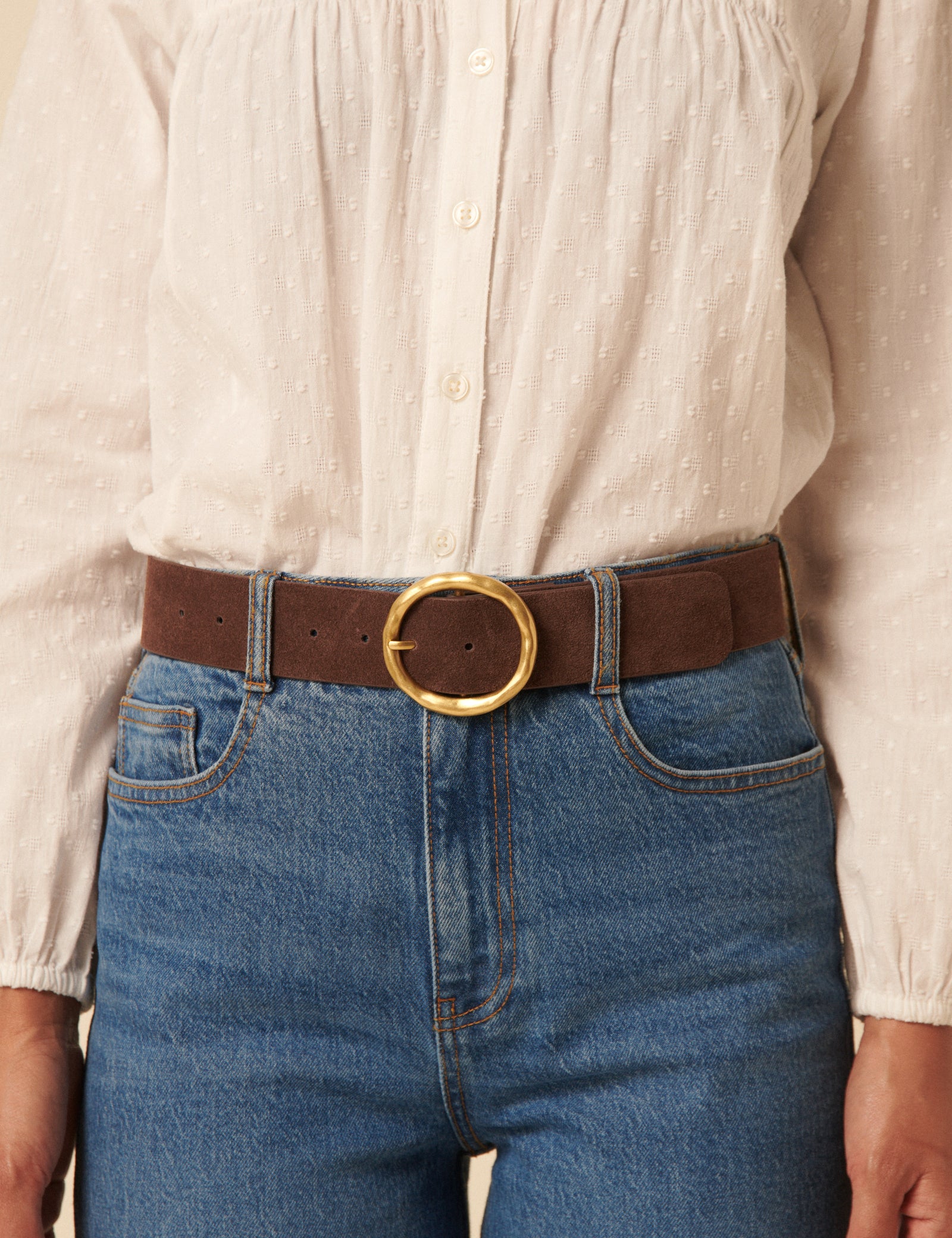Brown Gold Circular Buckle Suede Belt
