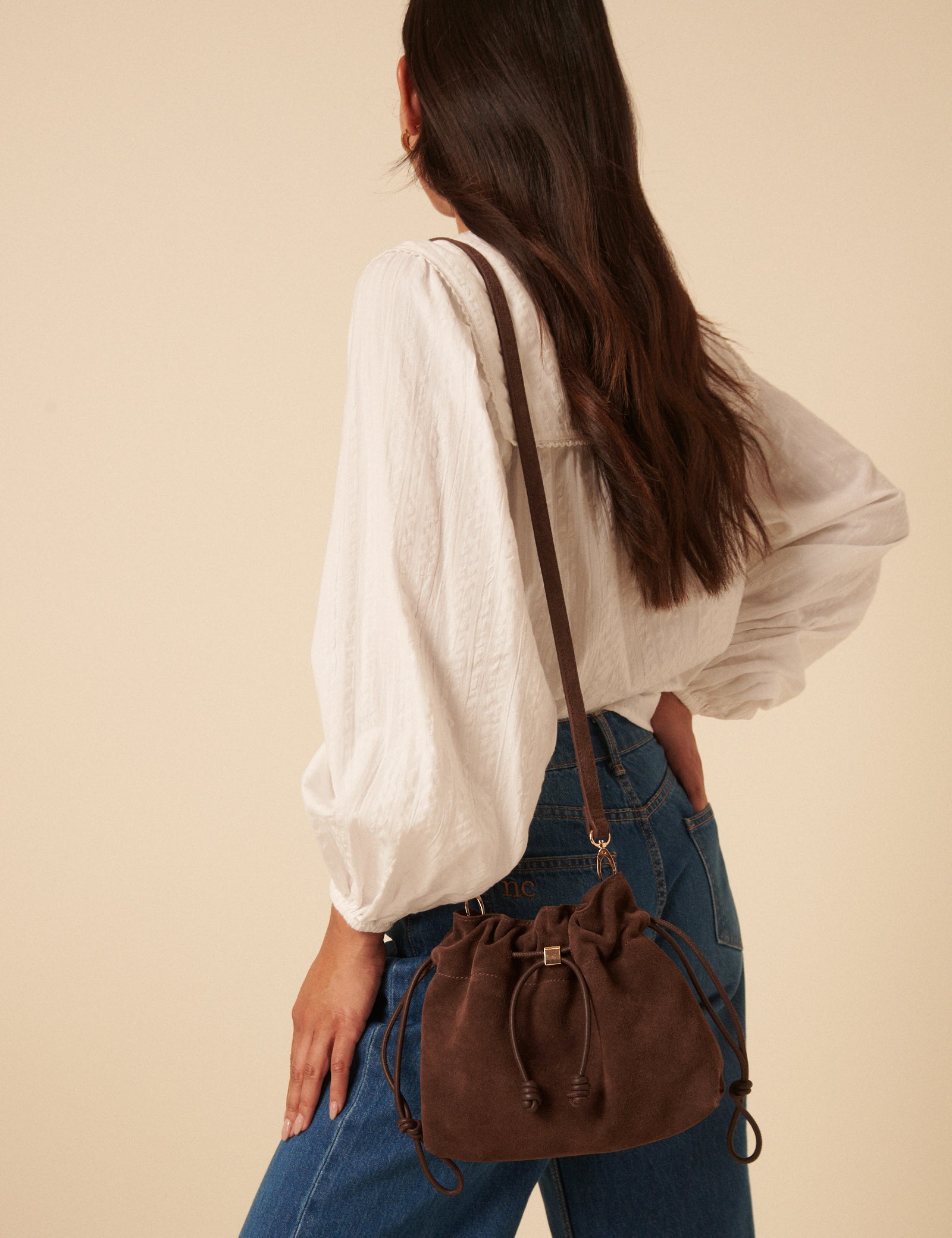 Brown Suede Drawstring Pouch Bag