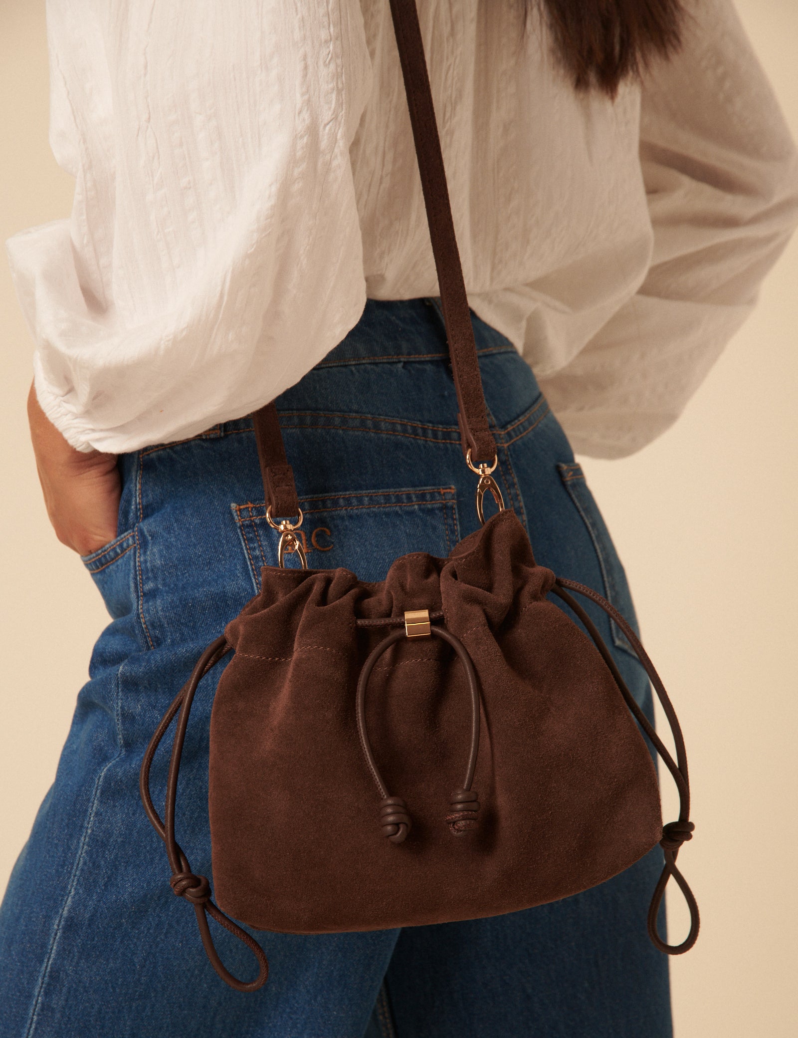 Brown Suede Drawstring Pouch Bag
