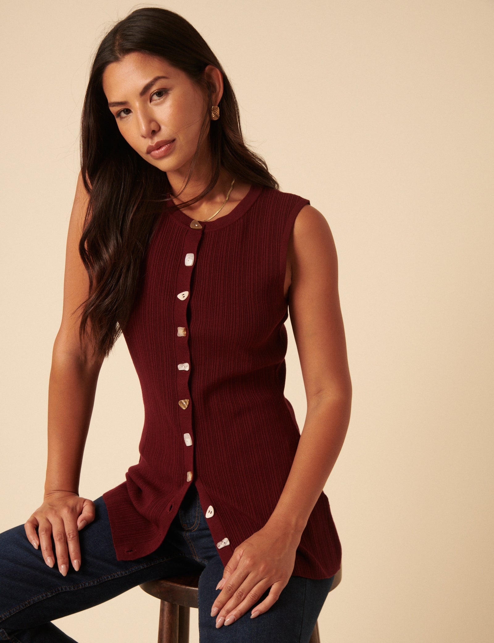 Burgundy Longline Knitted Waistcoat