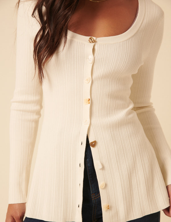 White Ribbed Longline Cardigan