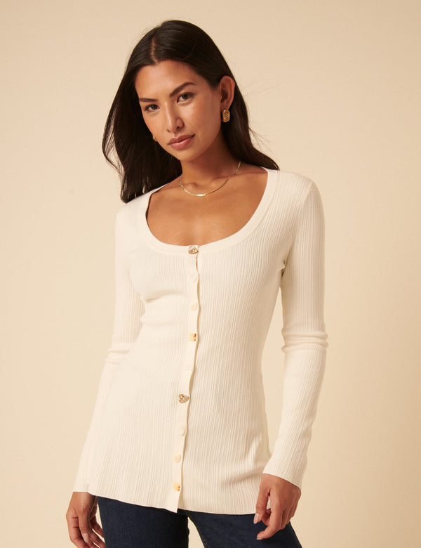 White Ribbed Longline Cardigan