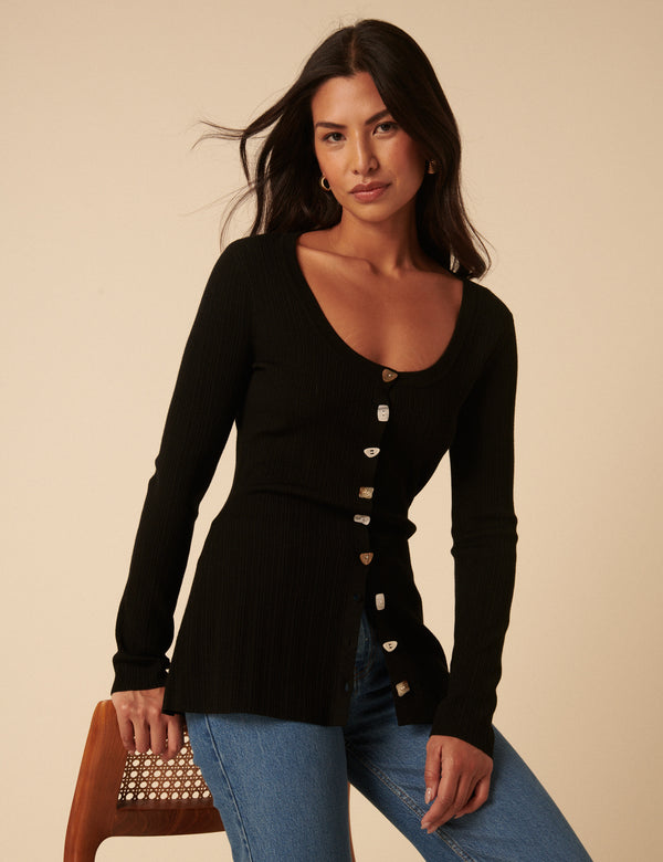 Black Ribbed Longline Cardigan