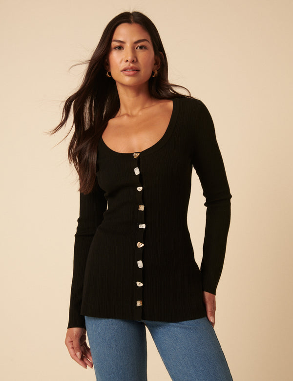 Black Ribbed Longline Cardigan