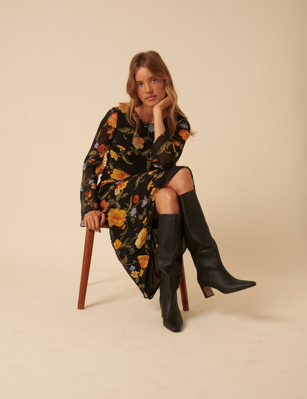 Black Leather Knee High Boots