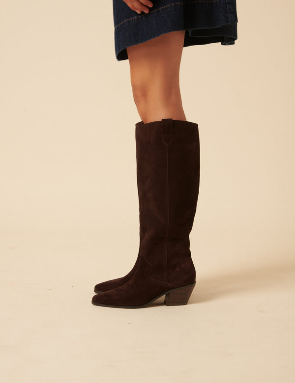 Chocolate Brown Suede Western Knee High Boots