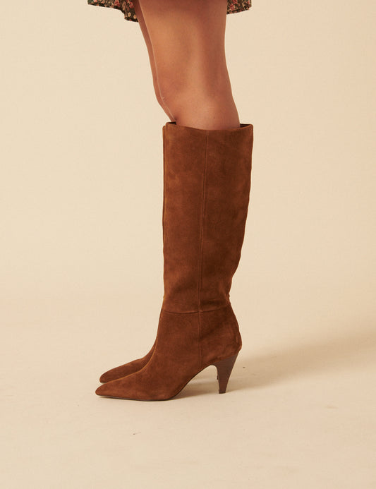 Brown Suede Knee High Heeled Boots