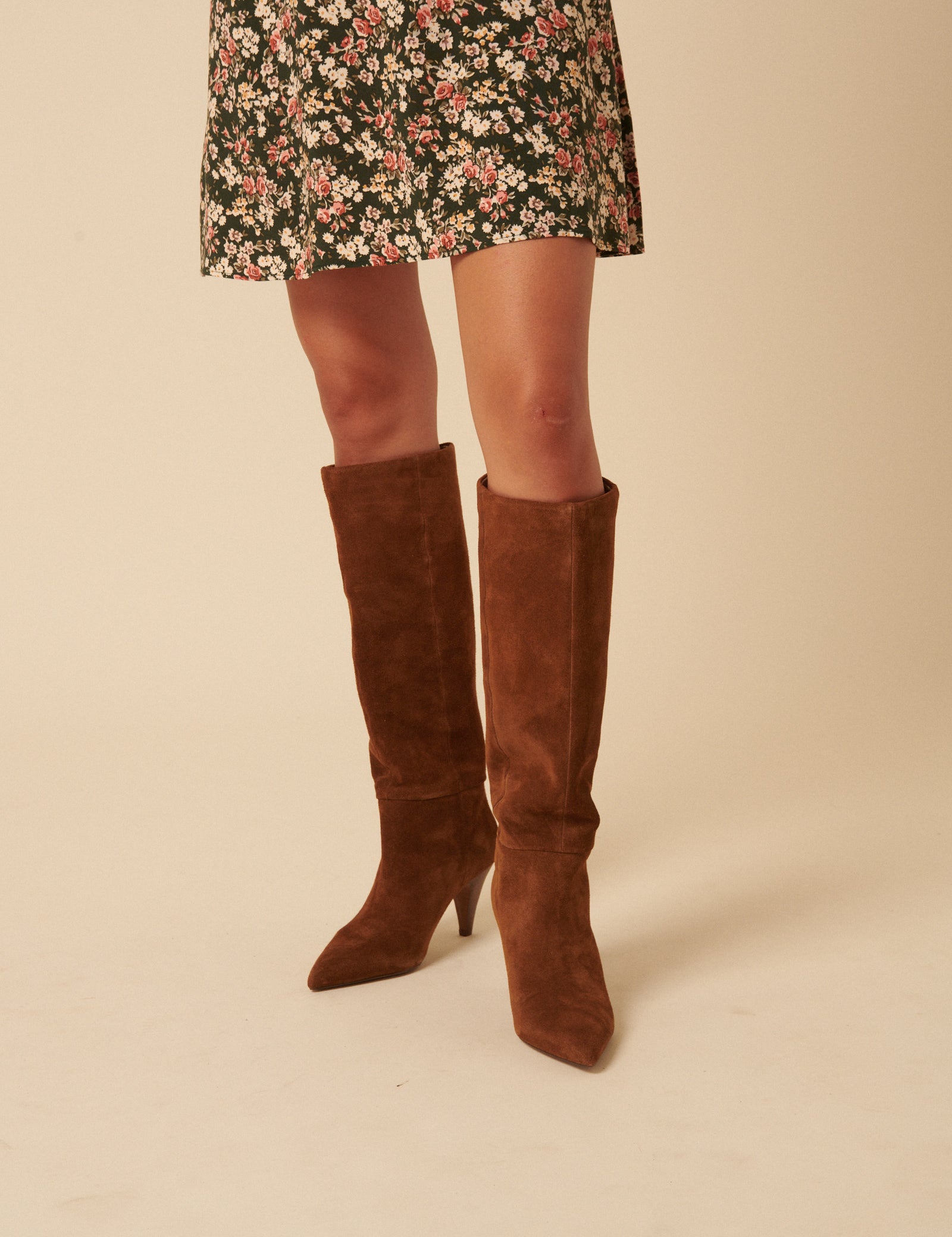 Brown Suede Knee High Heeled Boots