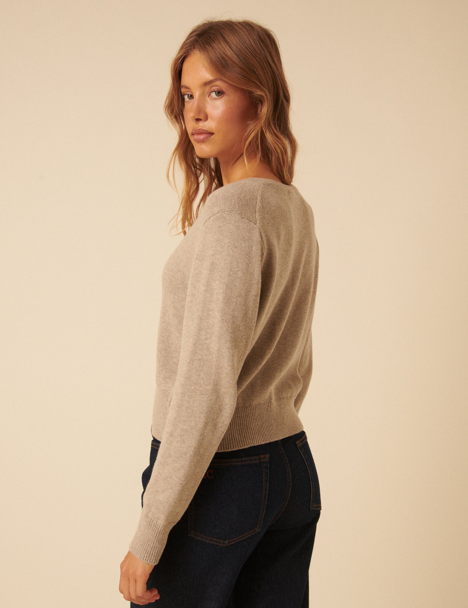 Beige Crew Neck Cardigan