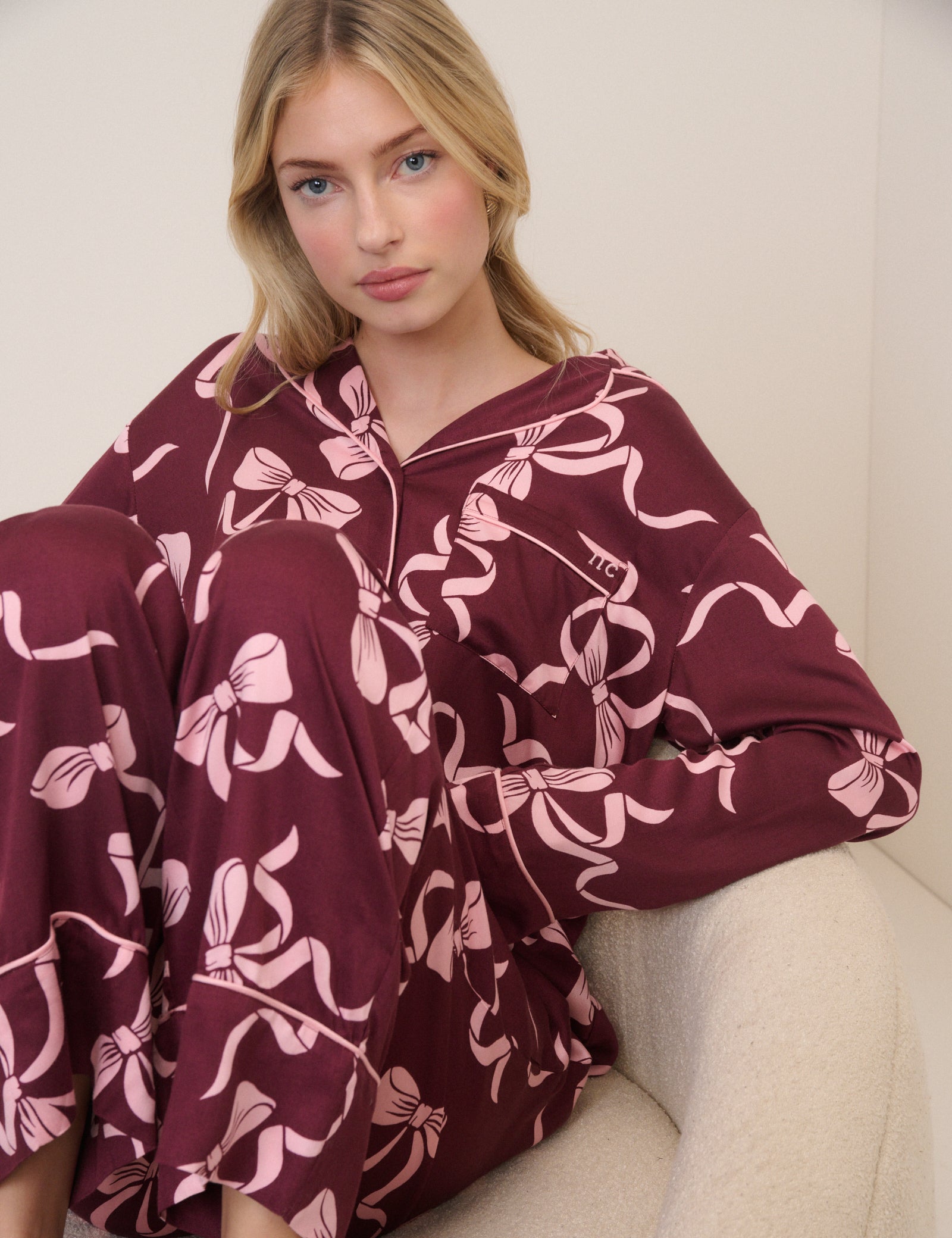 Burgundy Bow Printed Pyjama Set