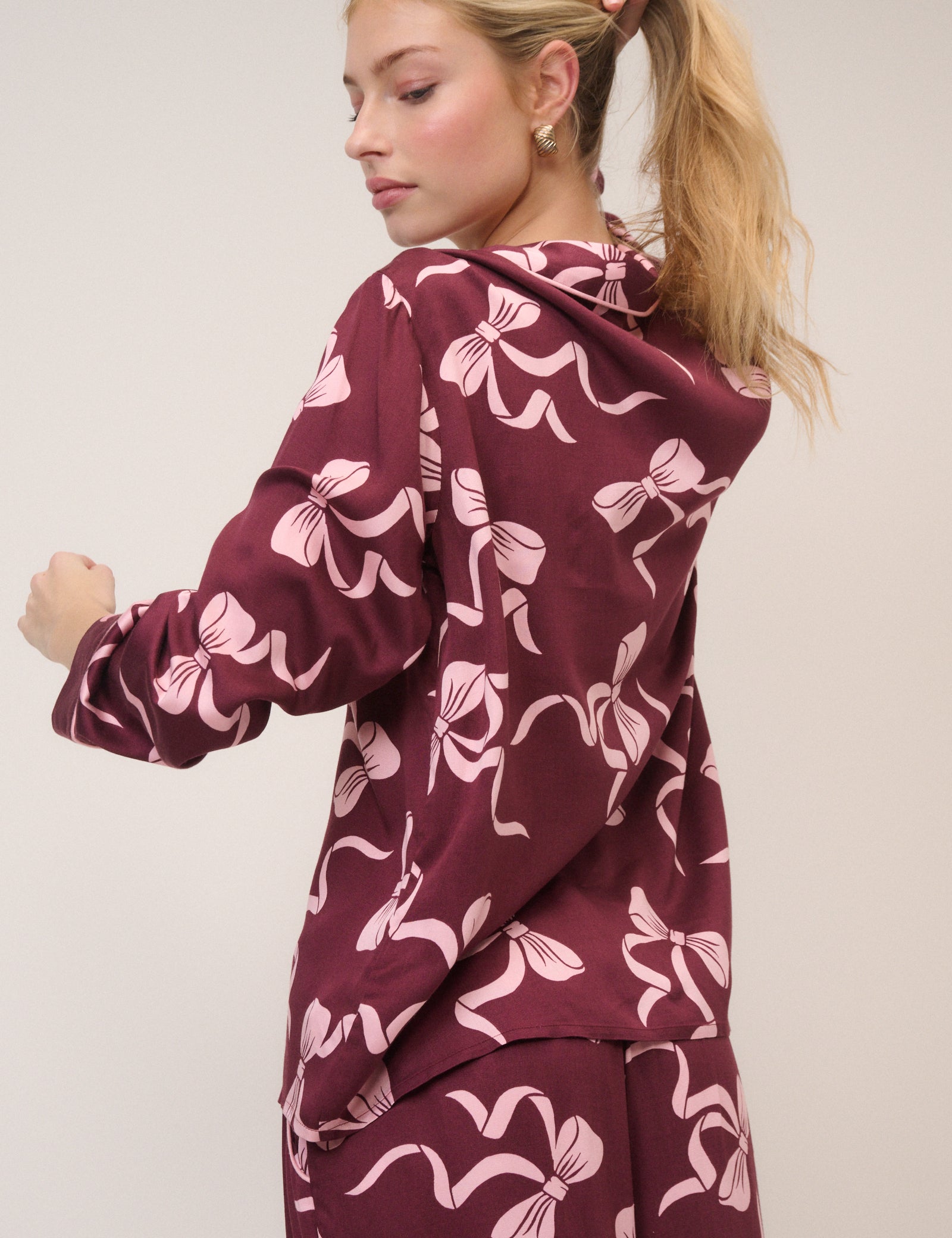 Burgundy Bow Printed Pyjama Set