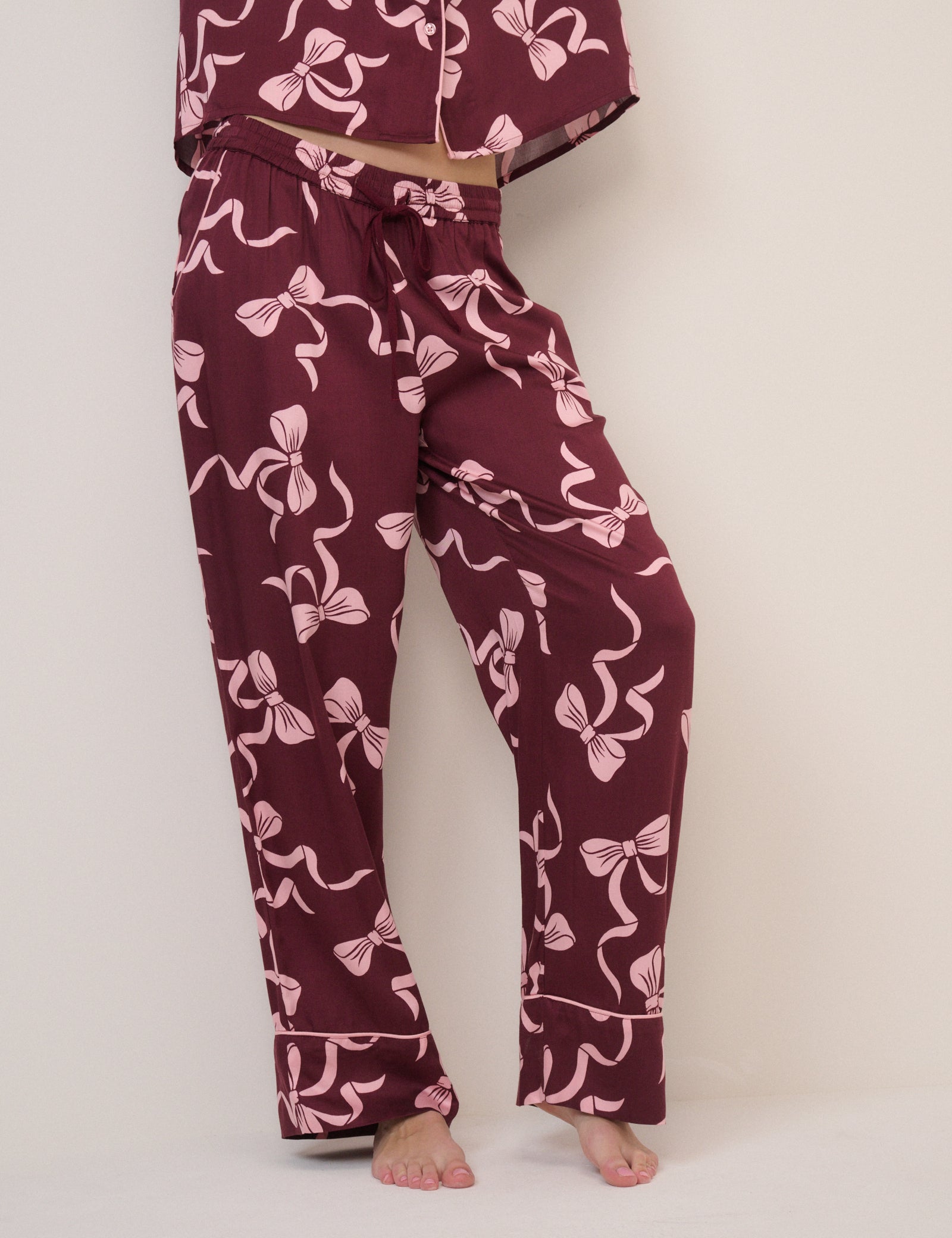 Burgundy Bow Printed Pyjama Set