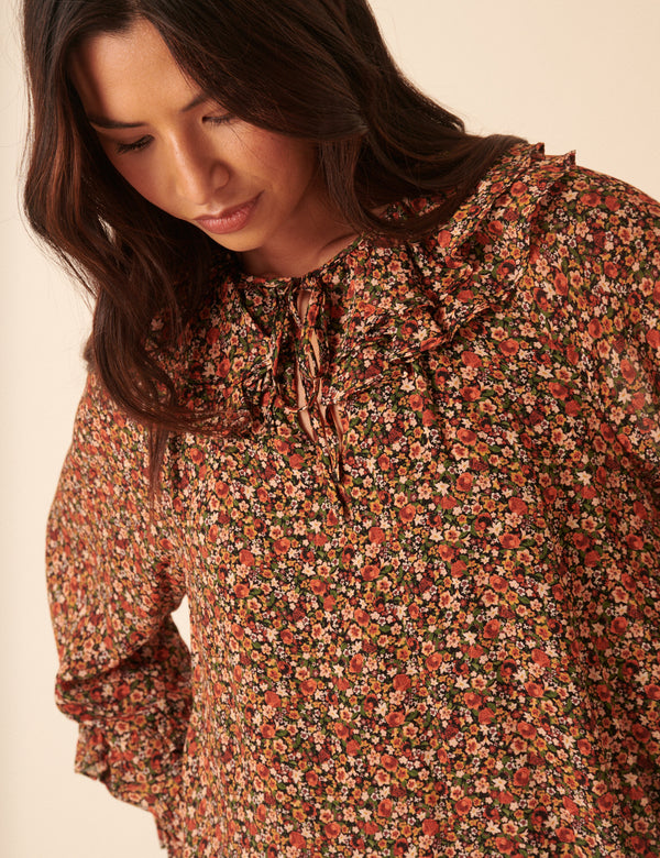 Black Ditsy Floral Flared Sleeve Blouse