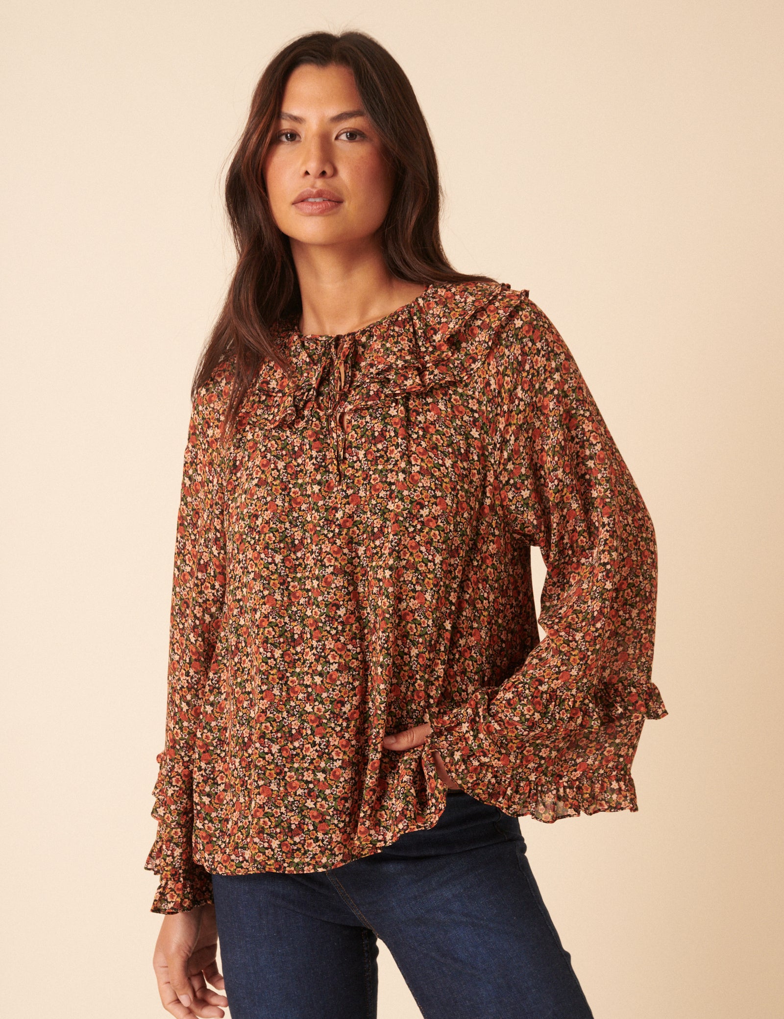 Black Ditsy Floral Flared Sleeve Blouse