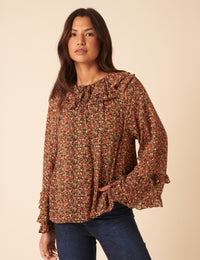Black Ditsy Floral Flared Sleeve Blouse