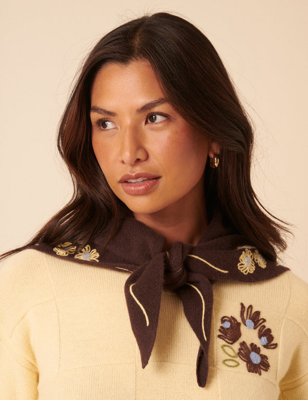 NC x TBCo Brown Floral Wool Triangle Scarf